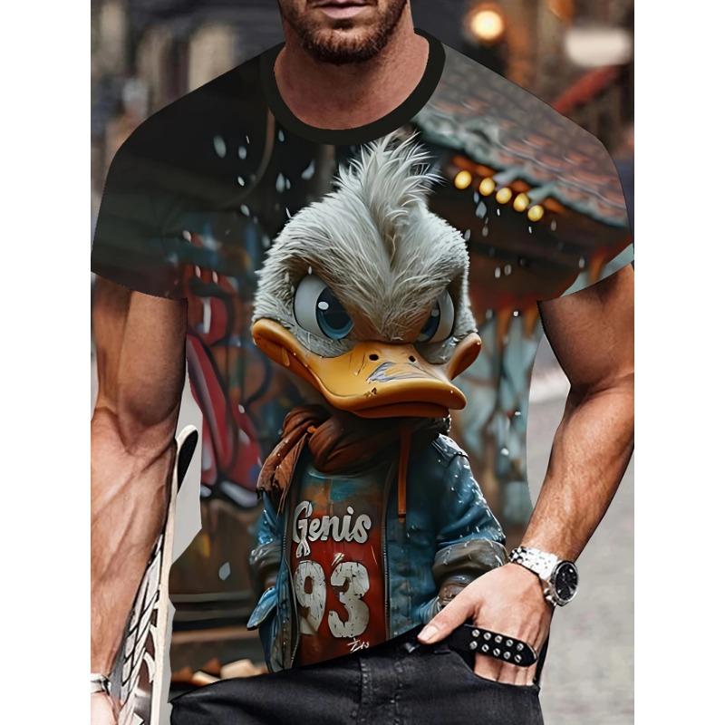Men's 3D Cartoon Print T-Shirt - Casual Crew Neck T-shirt with Playful Cartoon Character Design