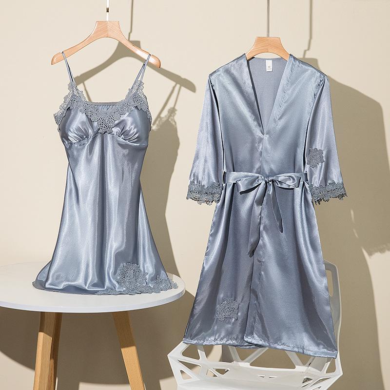 Women's Five-Piece Silk Pajama Set - Sensual Padded Nightdress and Battleship Print for Spring & Summer