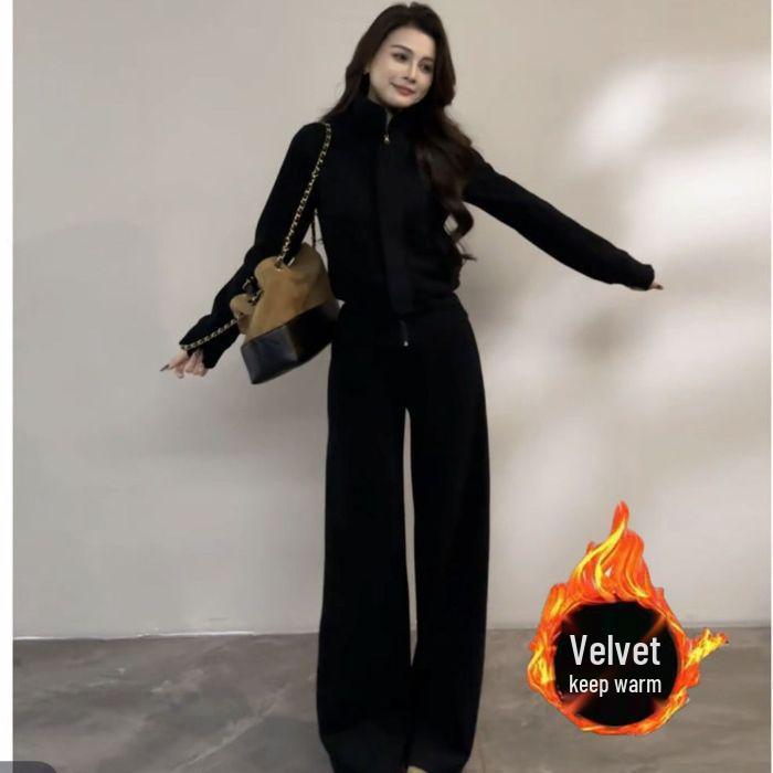 Women's Fleece-Lined Two-Piece Sports Suit - Thickened Stand Collar Cardigan & Wide-Leg Pants for Autumn & Winter
