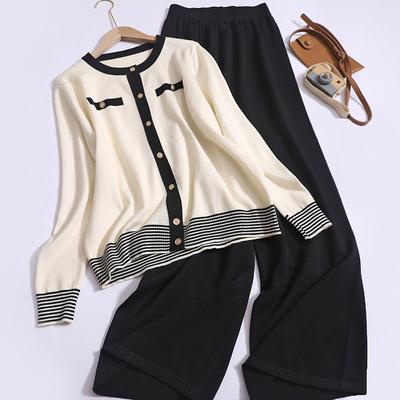 Simple Fashion Women 2 Piece Set Fall O-neck Single Breasted Long Sleeve Knit Cardigan and High Waist Wide Leg Pants Casual Suit