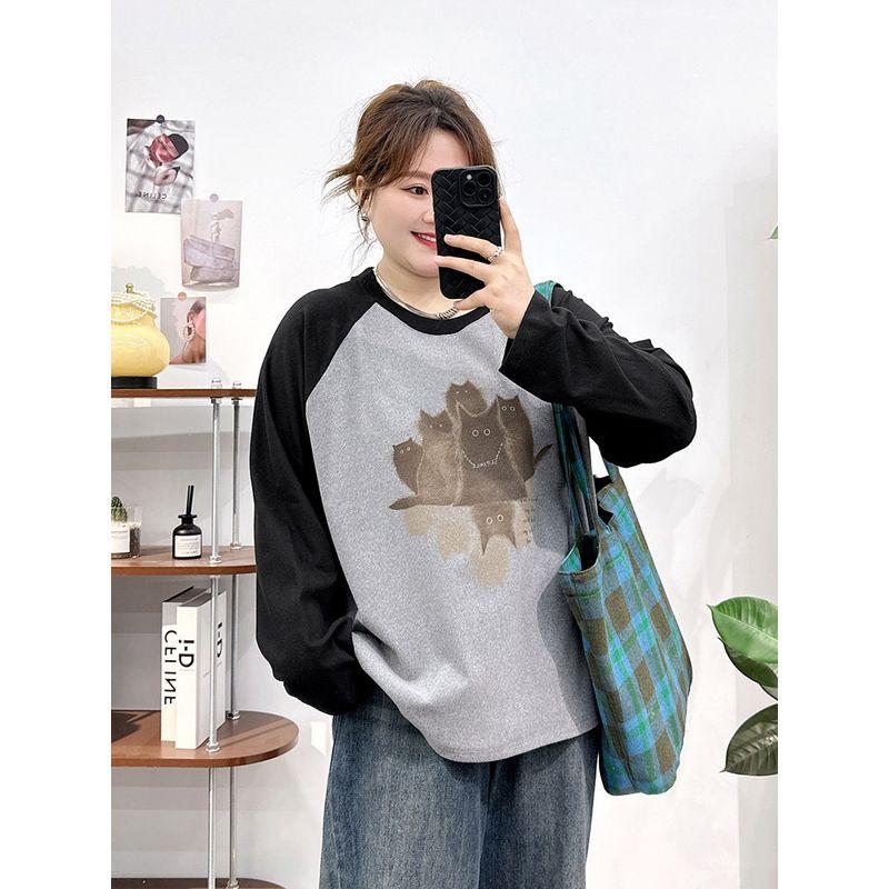 

Plus-Size Women s Raglan Sleeve Patchwork Long-Sleeve T-Shirt Top, Spring and Autumn 2026 New Style, Slimming Base Layer for Slightly Chubby Women Gray XL