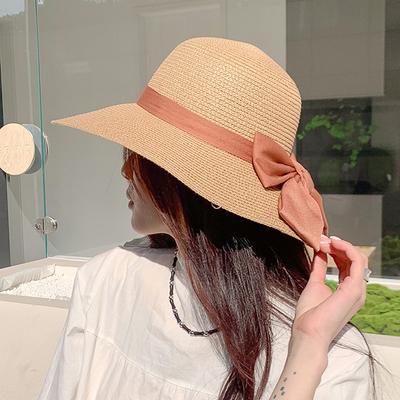 Ribbon Bowknot Straw Hat for Women - Elegant British Style Flat Top Sun Hat with UV Protection, Lightweight & Breathable for Beach Outdoor Adventures