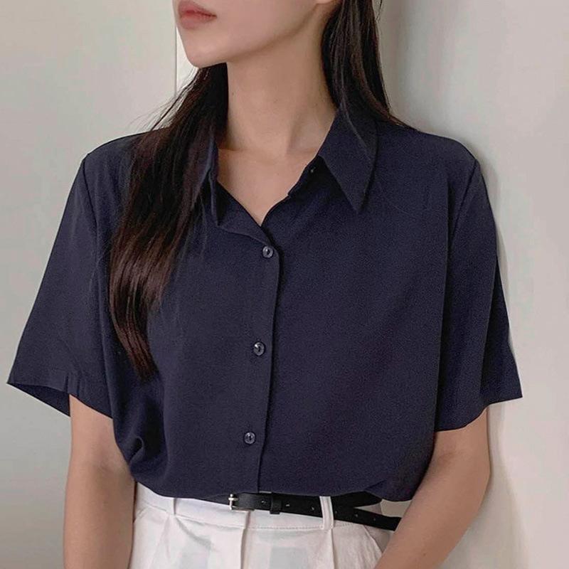 

Нишевая легкая роскошная рубашка поло с открытыми плечами для женщин на лето со свободным универсальным верхом для ношения на открытом воздухе, блузки и рубашки L тёмно-синий