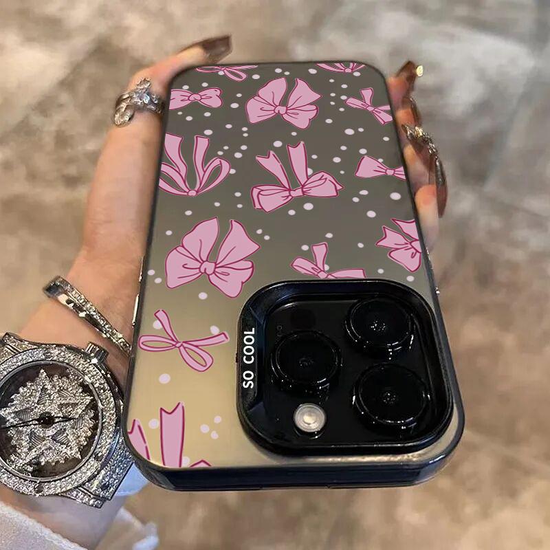 Ins Korean Simple Pink Bow Phone Case for iPhone 15 Pro Max 14 13 12 11 XS X XR 7 8 Plus 15 Luxury Lens Protection Laser Cover