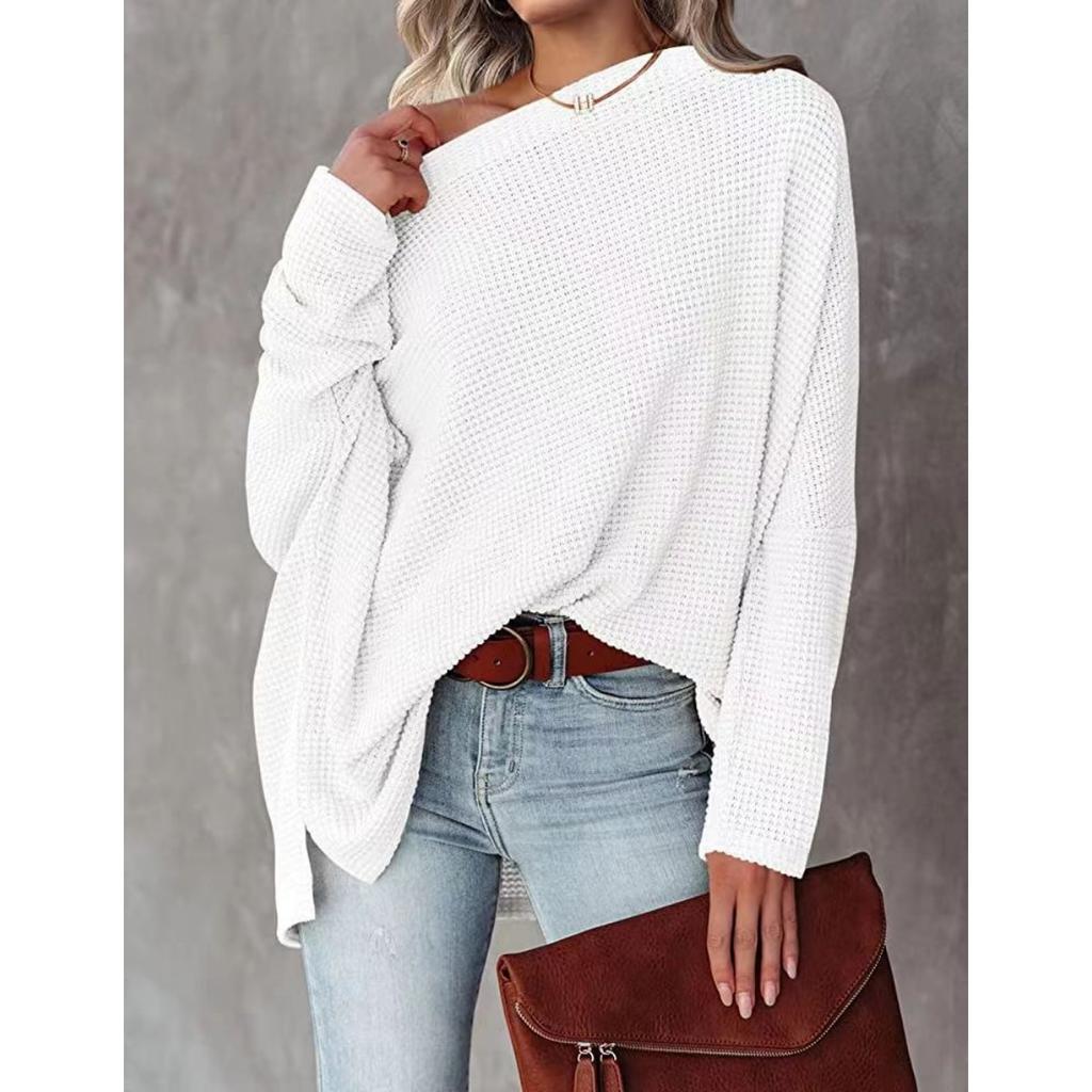 Women's Casual Off-shoulder Batwing Long Sleeve Waffle Knit Pullover Waist Cinching Sweater Top