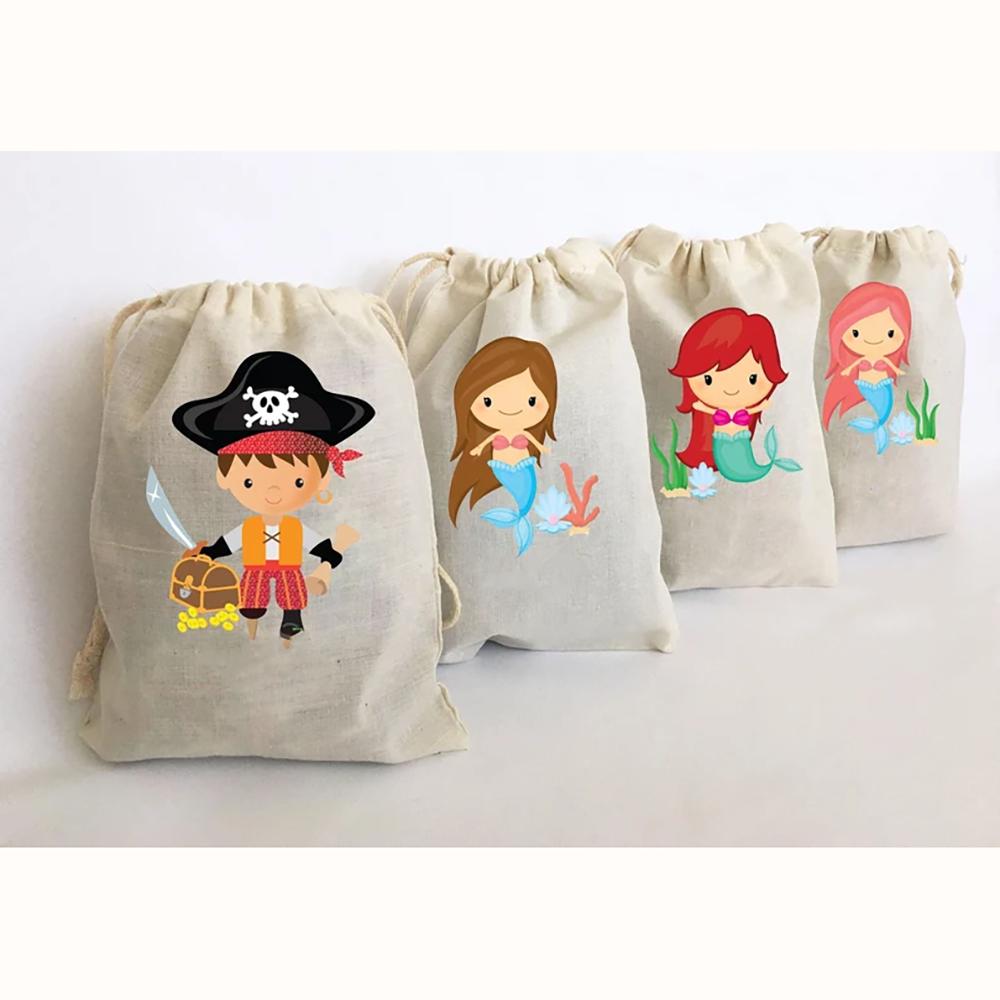 

4Pcs Mermaid Pirate Cotton Favor Bags Birthday Party Decoration Goodie Bag Girl Boy Kindergarten Gift Baby Shower Back To School 4pcs 13X18cm