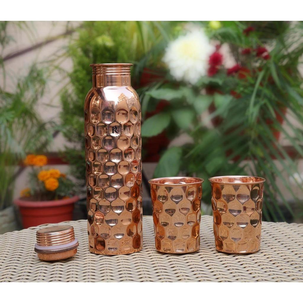 Diamond Pure Copper Bottle - 1L with 2 Glass Set | Ayurvedic Health Benefits Hammered Design | Leak-Proof And Jointless Water Bottle Hand Made