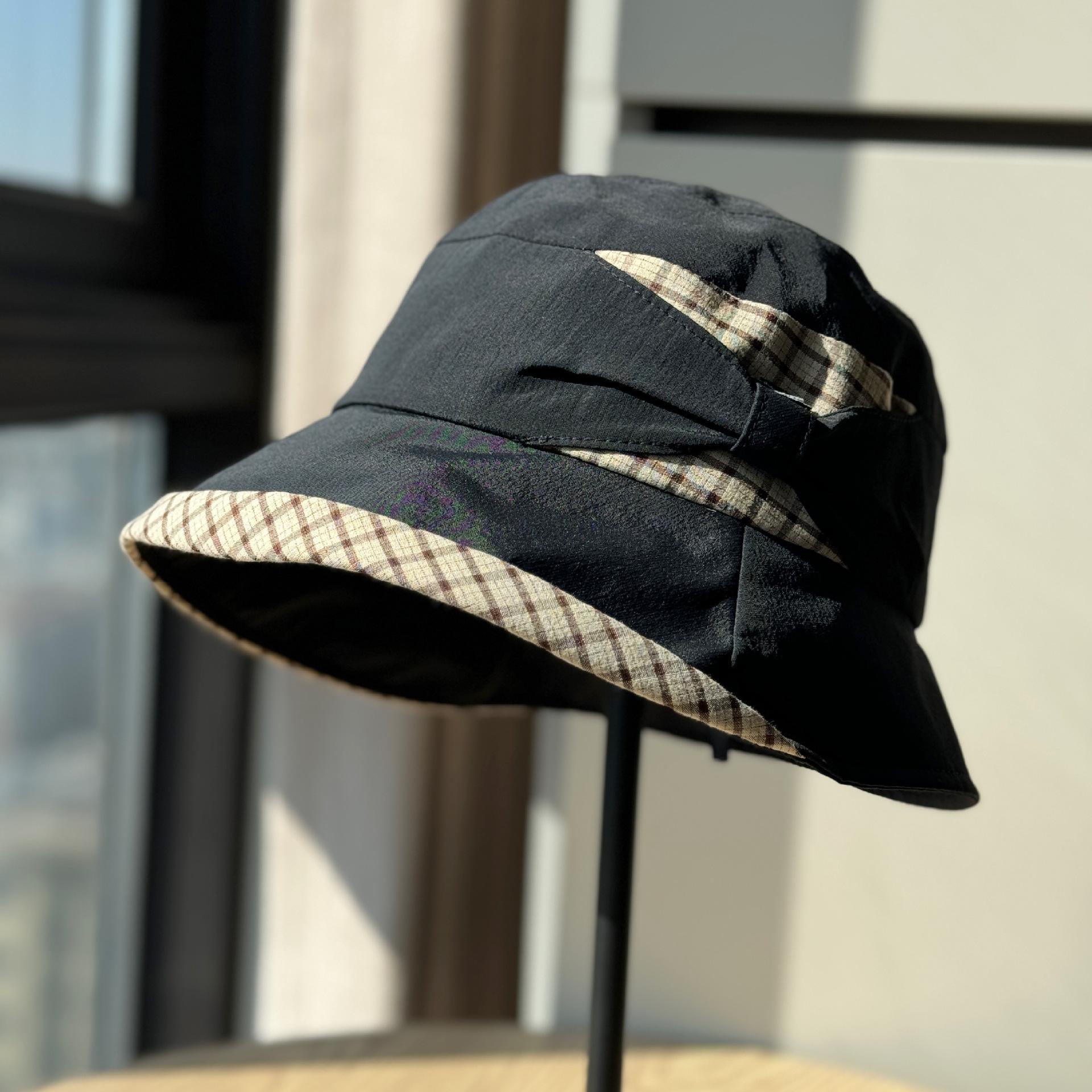 

Korean-style new casual plaid patchwork fisherman hat, makes the face look smaller, versatile bucket hat, summer sun protection hat, fisherman hat Adult54-60Adjustable чёрный