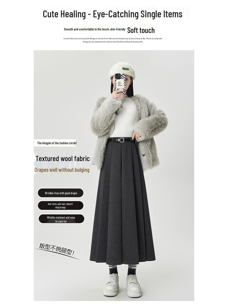 Autumn/Winter 2025 High-Waist Pleated A-Line Skirt - Slimming Woolen Mid-Length for Women