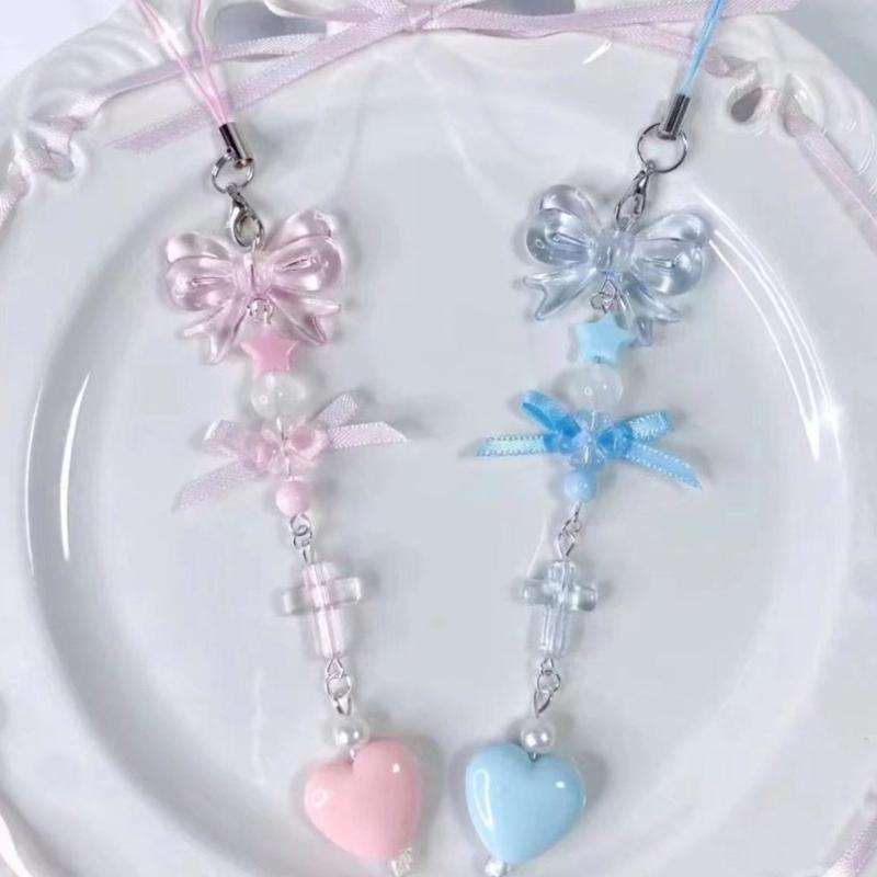 Handgefertigte Perlen-Handykette Süße Schleife Herz Handy-Anhänger Stilvoller Schlüsselanhänger Anhänger Schlüsselanhänger Damen Taschenzubehör