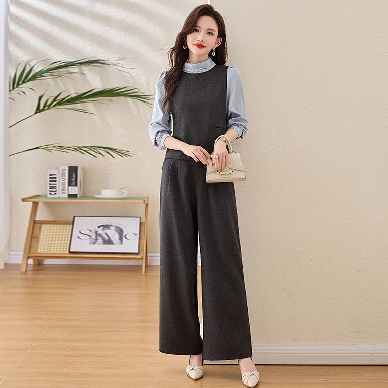 1116 autumn new horn buckle short vest shirt wide leg trousers three-piece women's fashion casual women's suit