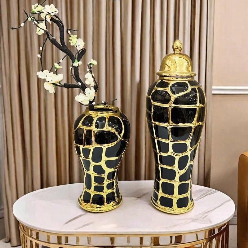 Schwarzes Karomuster Keramik Schachmatt Glas Vorratsglas Blumenvase Versiegelter Vorratsbehälter Ingwerglas Chinesisches Porzellan Handwerkskunst Heimdekoration