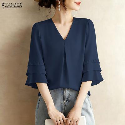 Women Casual V-Neck Ruffles 3/4 Sleeve Solid Color Loose Blouse