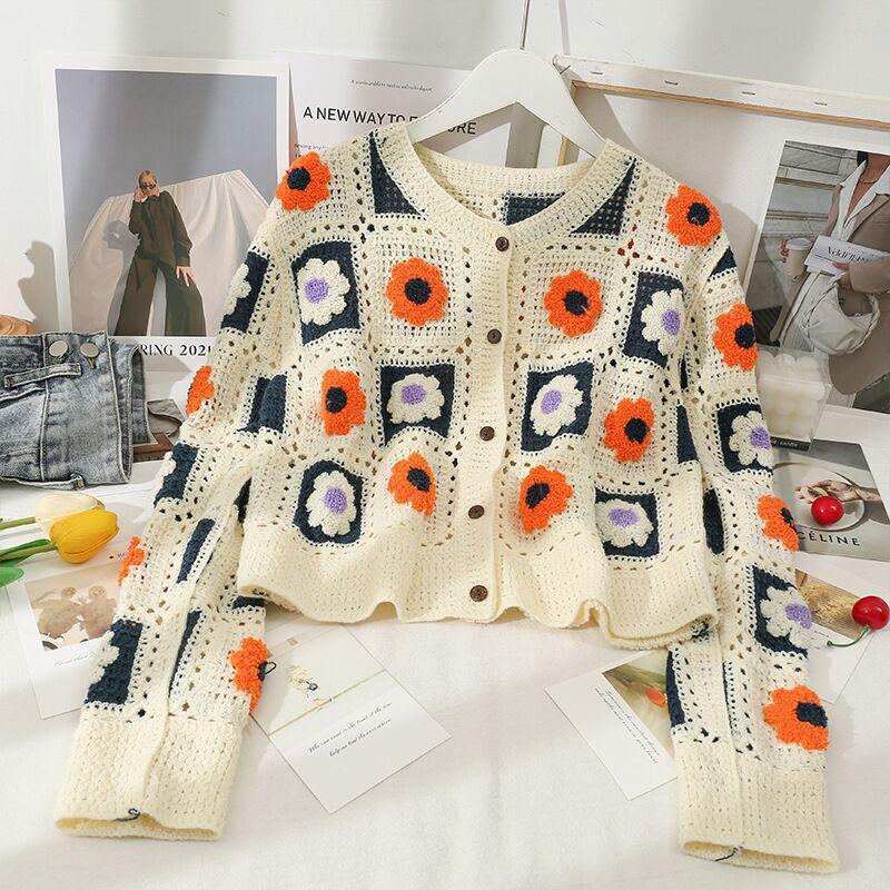 Vår Japansk Söt Ihålig Broderi Blommig Stickad Kofta - Dam Kort Långärmad Tröja Trend