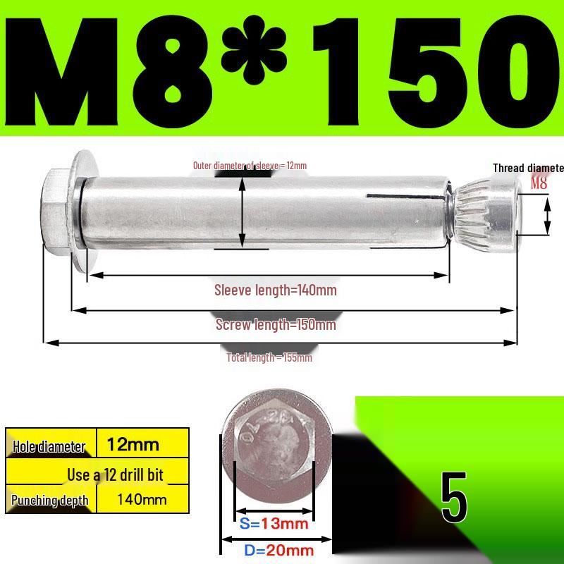 Stainless Steel Expansion Screw: Hexagonal Head with Internal Expansion (304/201), Sizes M6, M8, M10, M12.