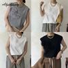 Korean Fashion Women Streetwear Sleeveless Top O Neck Black White Gray Floral T-Shirt Stylish Ladies' Basic Solid Tee