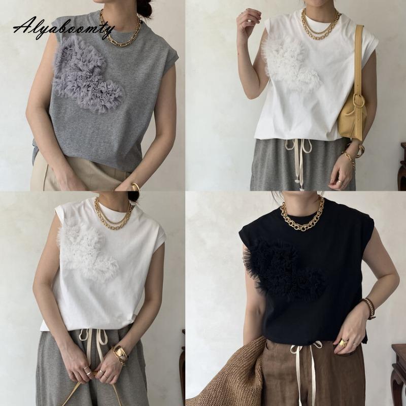 Korean Fashion Women Streetwear Sleeveless Top O Neck Black White Gray Floral T-Shirt Stylish Ladies' Basic Solid Tee