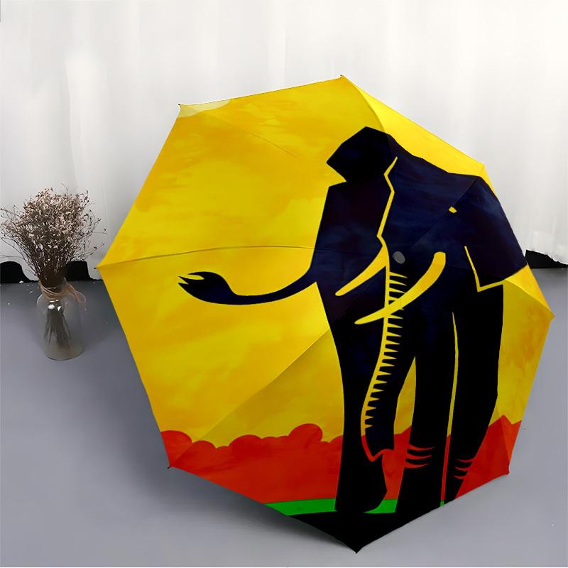 1PC Elephant Sunset Automatic Windproof Umbrella 8 Rib Portable Folding Black Iron Frame for Outdoor, Beach, Travel, Beach Umbrella,S16
