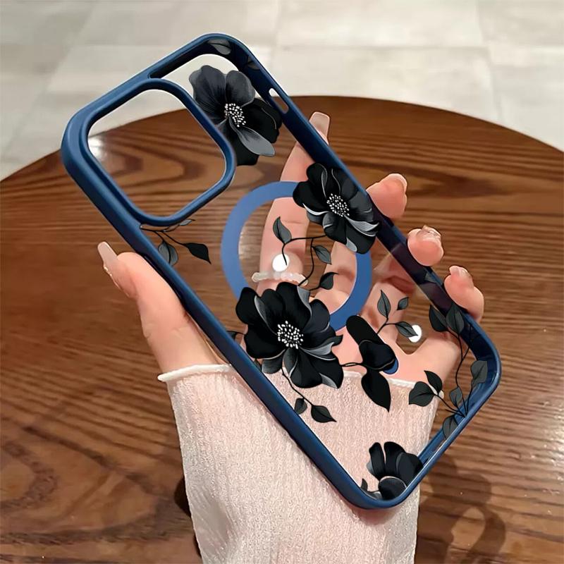Black Floral Pattern Transparent Magnetic Wireless Charging Phone Case For iPhone 17 16 15 Pro Max 14 Plus 13 12 11 17E 17 Cover