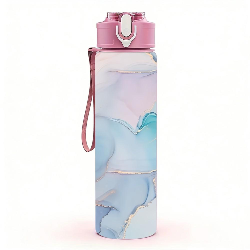 1PC Lilac Blue Ink Marble Pattern 750ml Color Plastic Sports Water Bottle Leakproof Flip Straw Lid Suitable for Sports Office Home Use