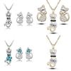 Cat 3pcs Crystal Shaped Necklace Earrings Jewelry Set  Gift Teen Girls For Women