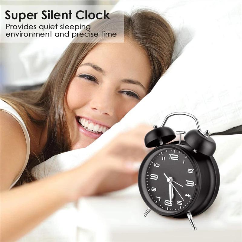 Metal Frame Twin Bell Alarm Clock - 4 Inch 3D Dial with Backlight Loud Battery-Powered Desk Clock for Home & Office Use
