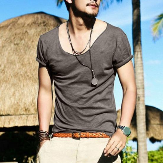 Men T-shirt Large V Neck Thin Solid Color Slim Fit Soft Short Sleeves Mid