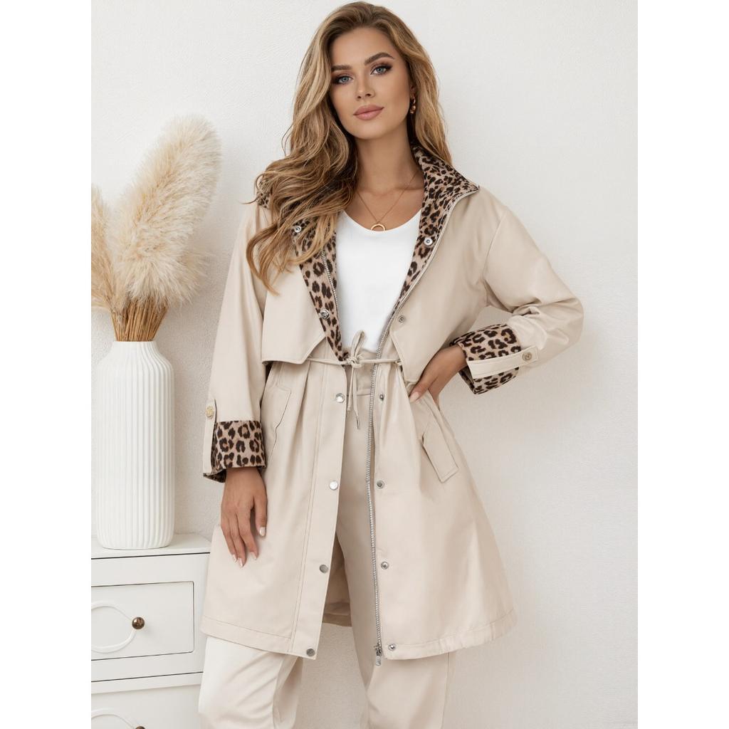 Women's Leopard Patchwork Drawstring Waist Slim Long Sleeve Trench Coat Elegant Casual Outerwear For Women