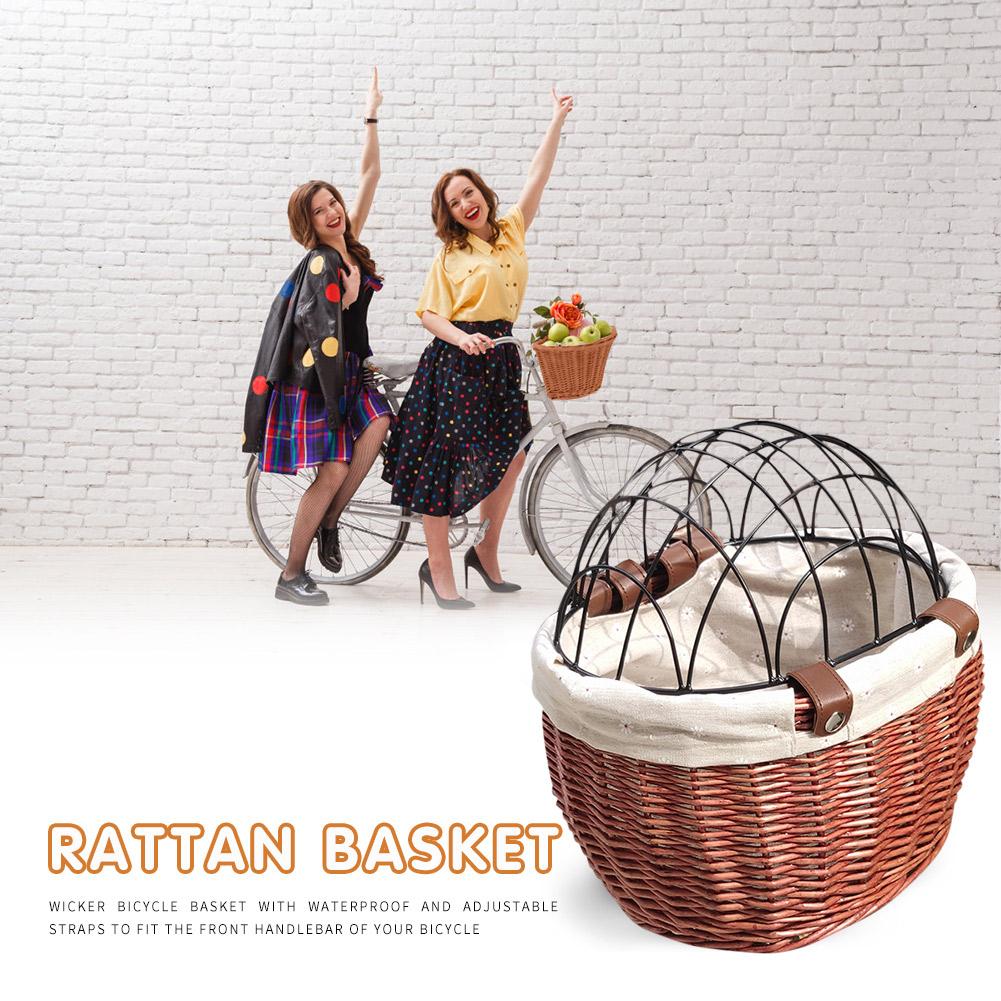 Bicycle Basket Rattan Wicker Bike Front Basket for Small Dogs Cats Pet Carrier Bag Waterproof for Camping Cycling Accessories