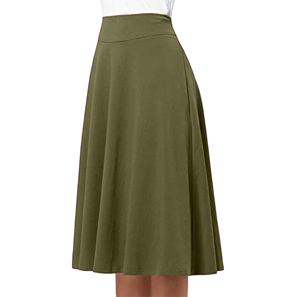 Women's High Waist Knee Length Elastic Knit A-Line Stretch Flared Casual Midi Skirt