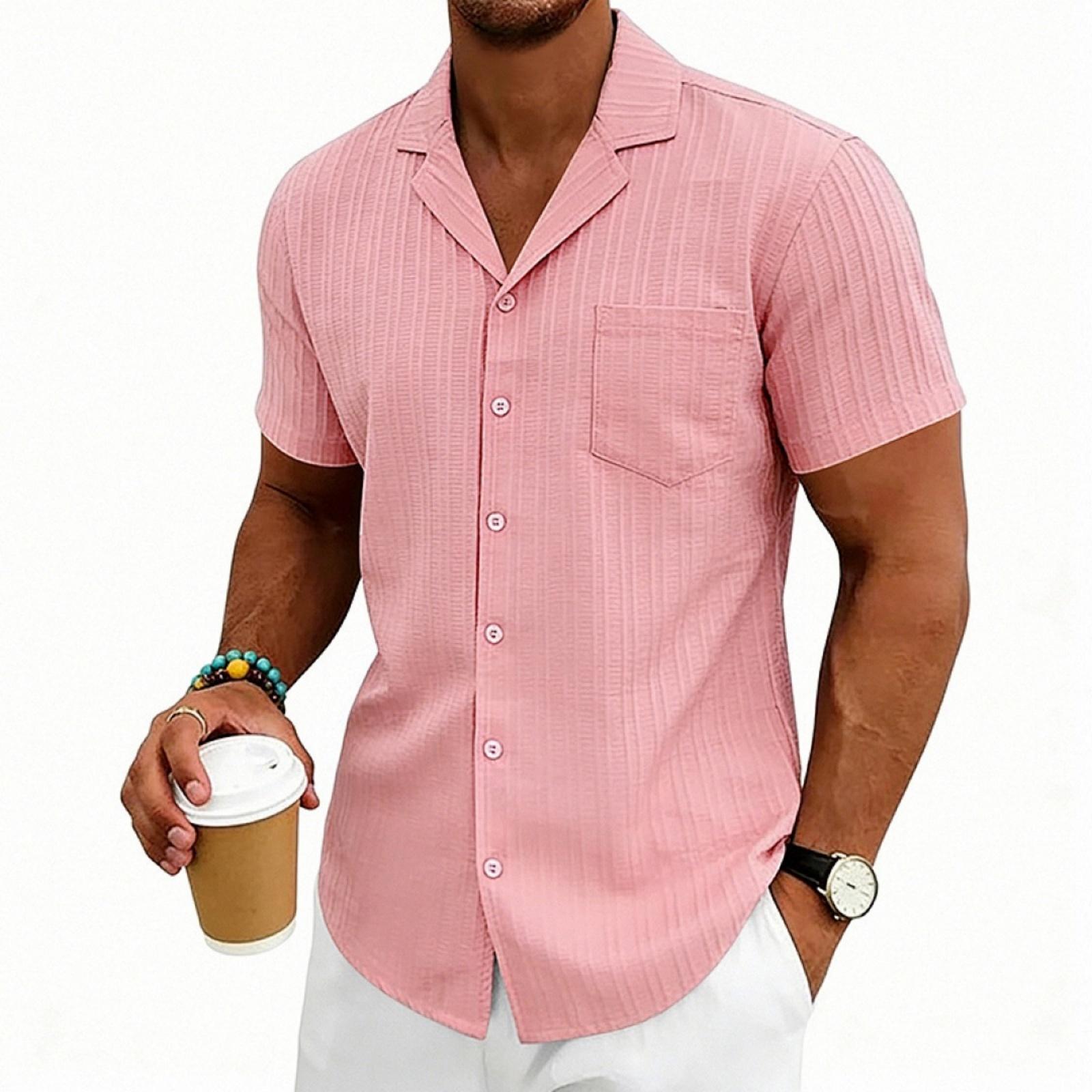 

Men’s Short Sleeve Button Down Shirt with Lapel Collar Casual Fit Lightweight Summer Top with Chest Pocket XL розовый