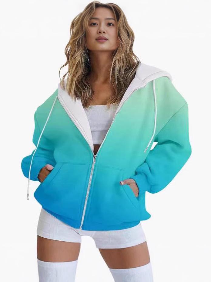 Gradient 3D Print Casual Long Sleeve Zip-Up Hoodie for Women