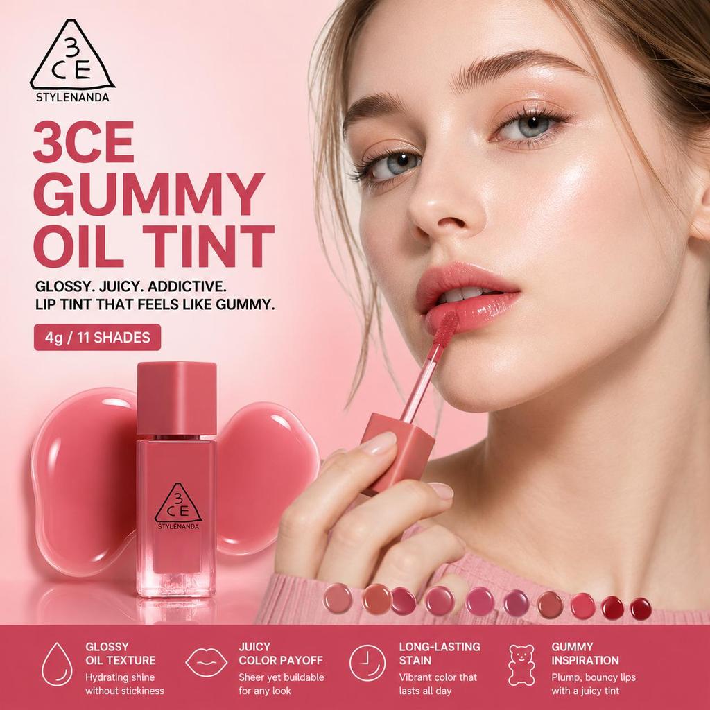[3CE] Gummy Oil Tint - Hochglänzender, feuchtigkeitsspendender Lippen-Tönungsstift mit geleeartiger Textur, 4g (11 Nuancen) | Olives K-Beauty