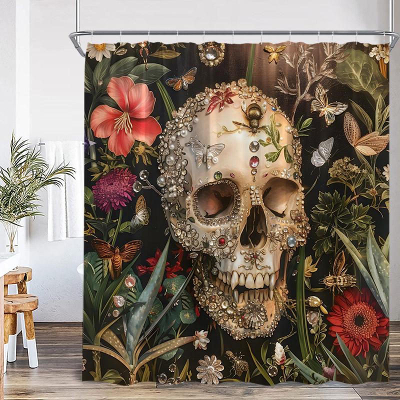 Floral Skull Shower Curtain Blue White Flowers Skeleton Horror Halloween Bath Curtains Polyester Black Bathroom Decor with Hooks