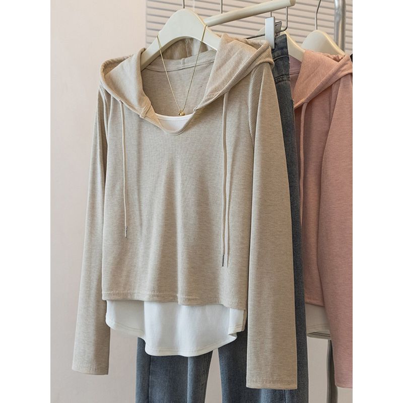 Hooded Sweatshirt Plus Size Ladies Shoulder Asymmetrical Fake Two-Piece