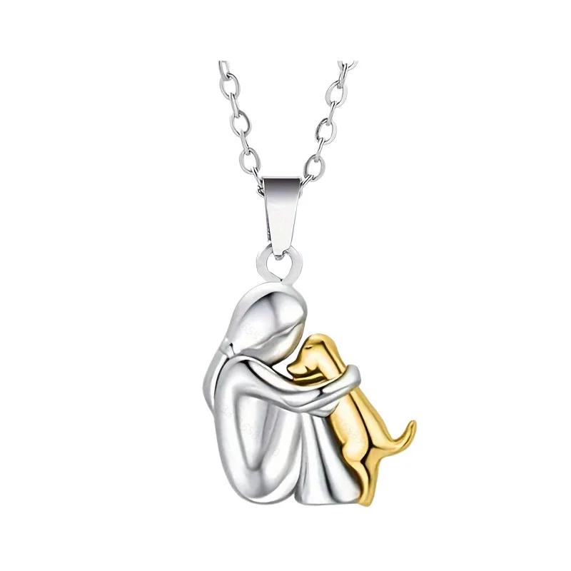 Personality Stainless Steel Little Girl Ang Dog Hug Pendant Necklace for Women Cute Charm Cartoon Christmas Friendship Jewelry