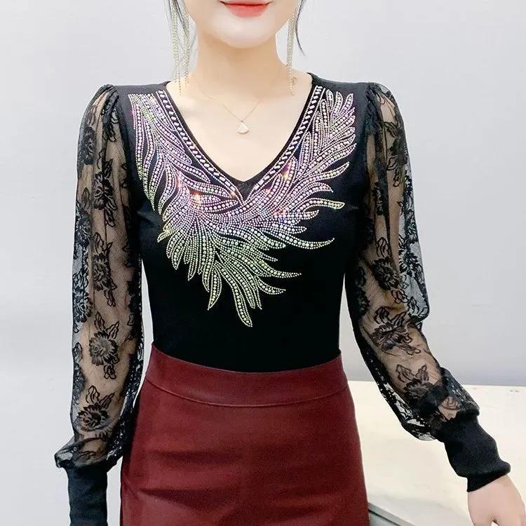 Women's Spring/Fall Custom-Fit Slimming Base Layer Top with Lace V-Neck Mesh Long Sleeves