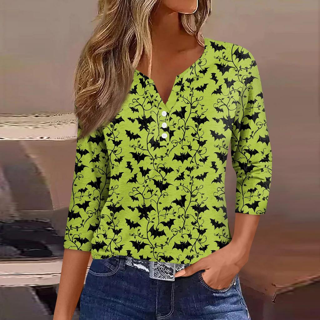 Women's Fashion Casual Halloween Printed V-Neck Short Sleeve Decorative Button Three-quarter Sleeve T-Shirt Top
