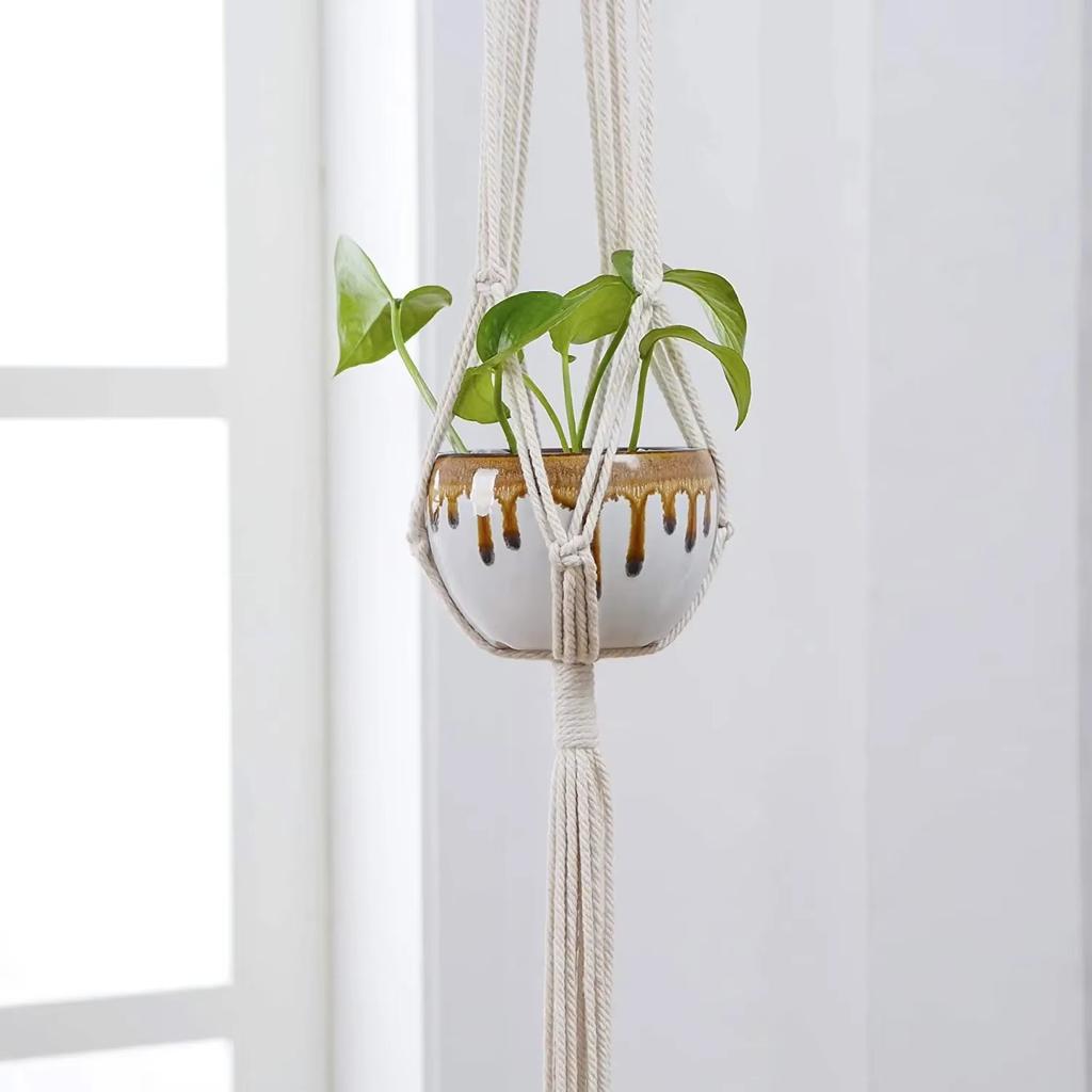 4pc Macrame Handmade Plant Hanger Baskets Flower Pots Holder Balcony Hanging Decoration Knotted Lifting Rope Hom