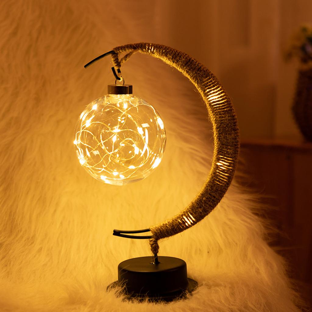 LED Table Lamp Hemp Rope Wrought Iron Moon Ball Decorative Bedside Night Lamp for Children Holiday Party Gift