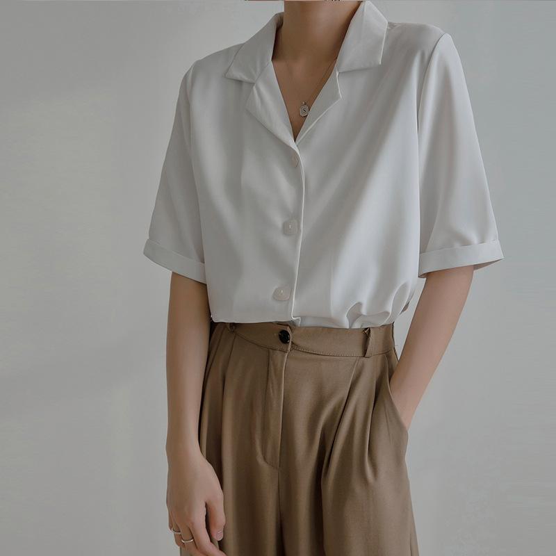 GMXIA Women's Summer White Blouse Career Chiffon White Shirt Ladies Designer Commuter Short Sleeve Temperament Top