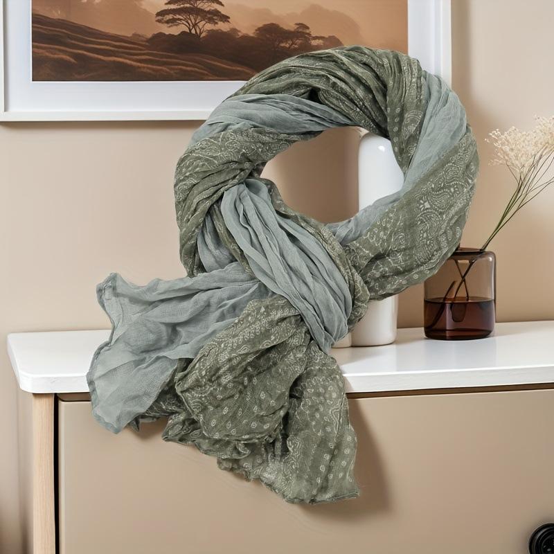 Retro Style Cotton and Linen Floral Scarf Long Color Blocked Ethnic Style Thin Shawl