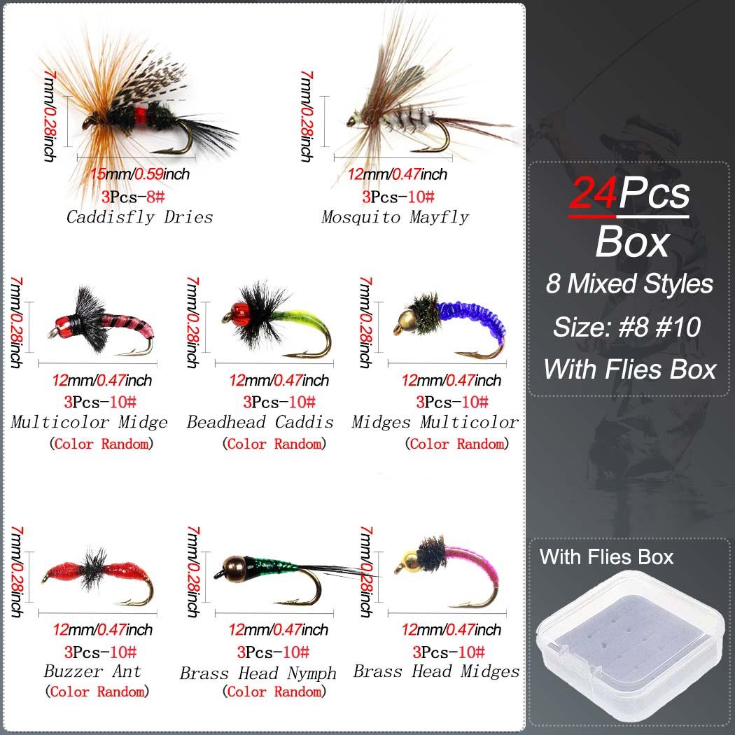 

24-54 шт./кор. набор рыболовных мушек, влажные, сухие, нимфовые мушки, связанные вручную, для ловли форели, щуки, хариуса, набор приманок 24Pcs-8Styles
