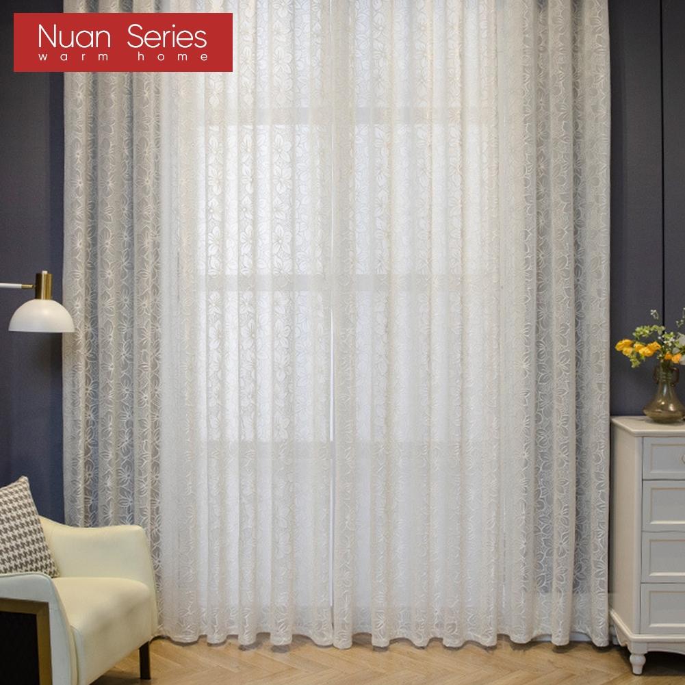 1PC Cherry Blossom Pattern Jacquard White Tulle Translucent Sheer Curtain for Living Room Bedroom Balcony Window Home Decor Nuan Series