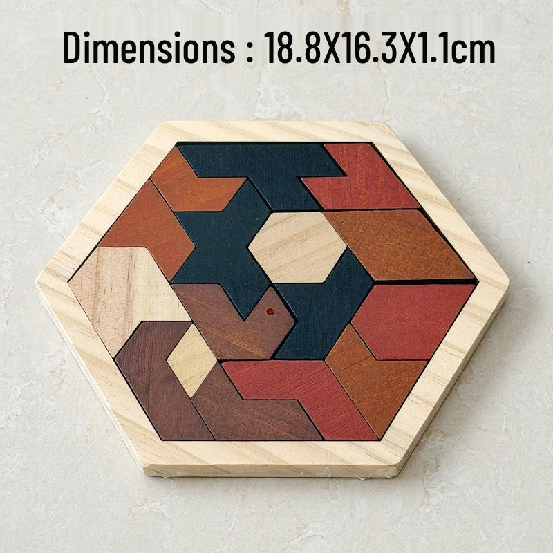 Hexagonal Shape Chess Puzzle - Seven Pieces, 11 Blocks Educational Wooden Toy for Kids