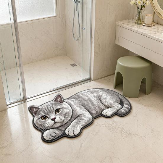 Slip Resistant Door Mat Cute Cat Bathroom Rug, Anti-Slip Absorbent Bath Washable Plush Tile And Wood Floor Kitty for Entrance Kitchen Home Decor