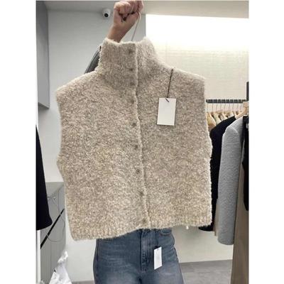 Cardigan Tricotado Aberto Feminino Primavera Design Gola Alta Colete Sem Mangas Casual Ajustado Roupa Exterior