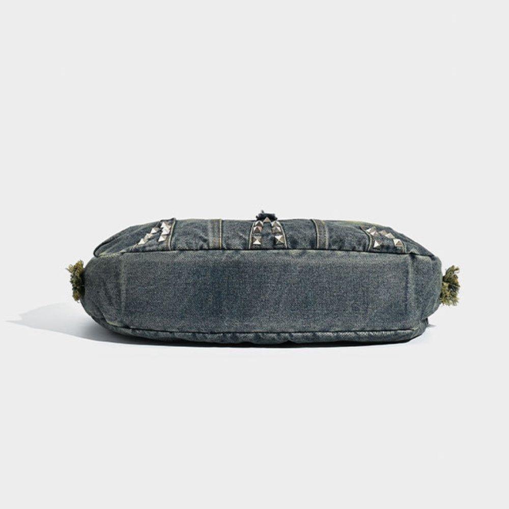 Borsa Tote in Denim Lavato con Borchie Grande Capacità Borsa a Spalla Crossbody Borsa da Lavoro da Donna