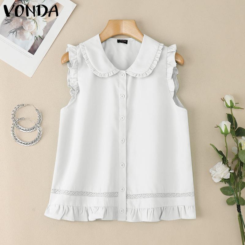 VONDA Women Doll Collar Sleeveless Ruffled Hem Button Down Crochet Casual Tank Tops