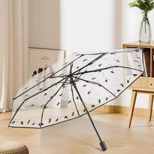 Japanese-Style Cute Black Kitten Umbrella: Fully Automatic, Large, Transparent, Reinforced Long Handle